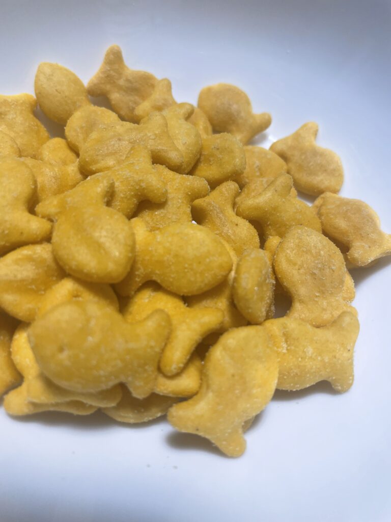 アメリカ人の友人からもらったGold Fish Flavor Blastedというお菓子をお皿に移して撮影した写真