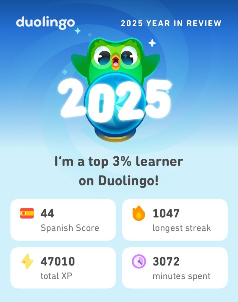 Duolingo で2025年上位3％learnerを記録したときの画像。