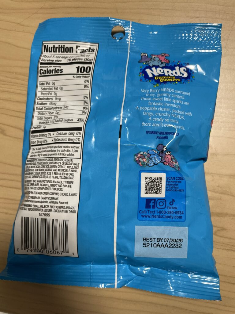 アメリカ人の友人が買ってきてくれたNerdsというお菓子のパッケージの裏面。